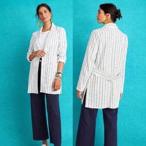ANTHROPOLOGIE LONGLINE THIN STRIPE OPEN FRONT BLAZER POCKETS SIZE SMALL NWT